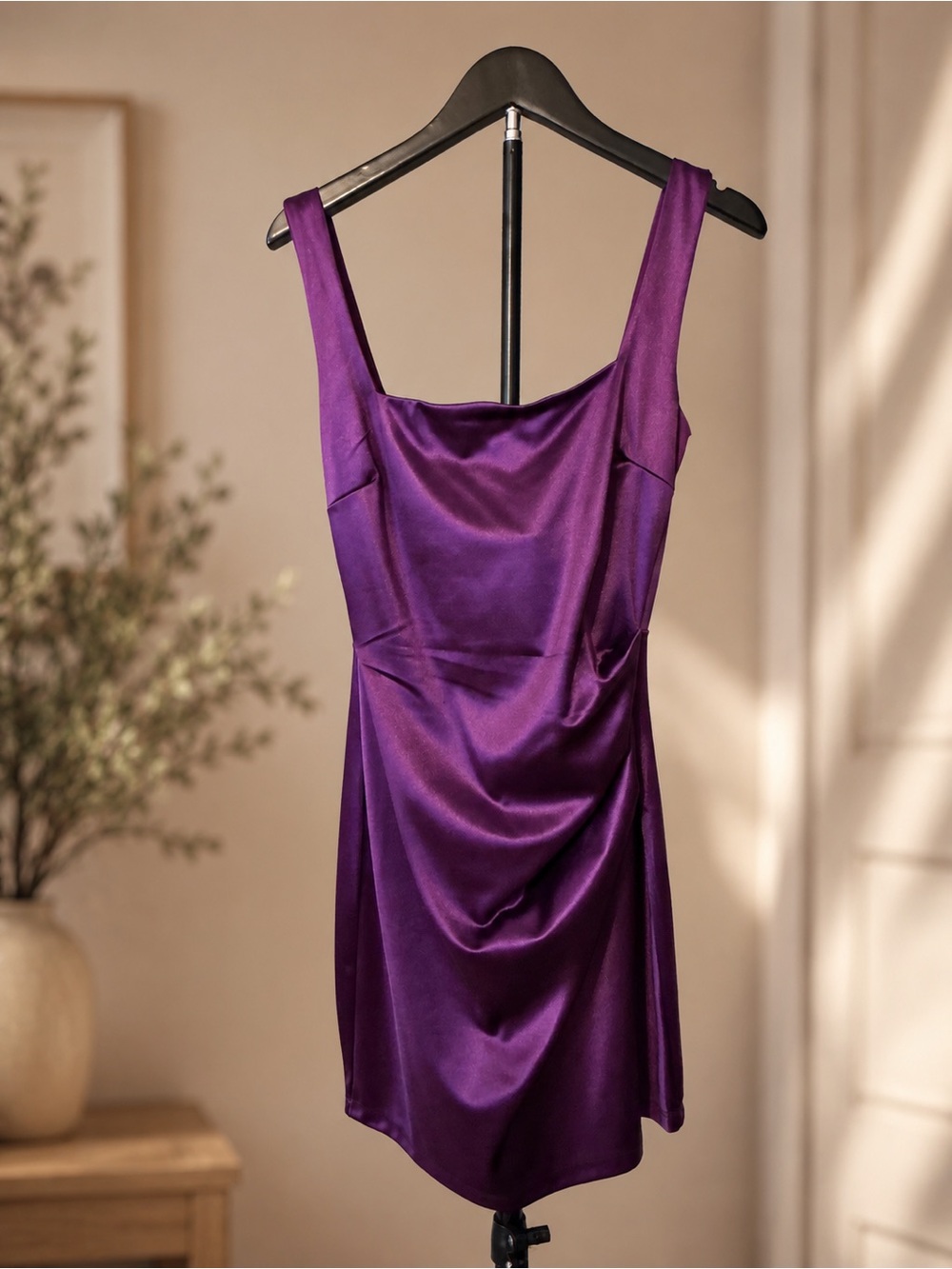 Satin Purple Cowl Neck Mini Dress